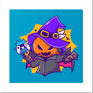 Cute Witch Pumpkin Gaming Cartoon Posters and Art